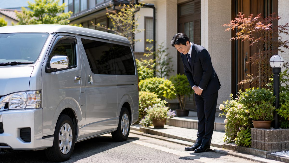 住宅の玄関先に停まったシルバーのワゴン車と、丁寧にお辞儀するスーツ姿のスタッフ
