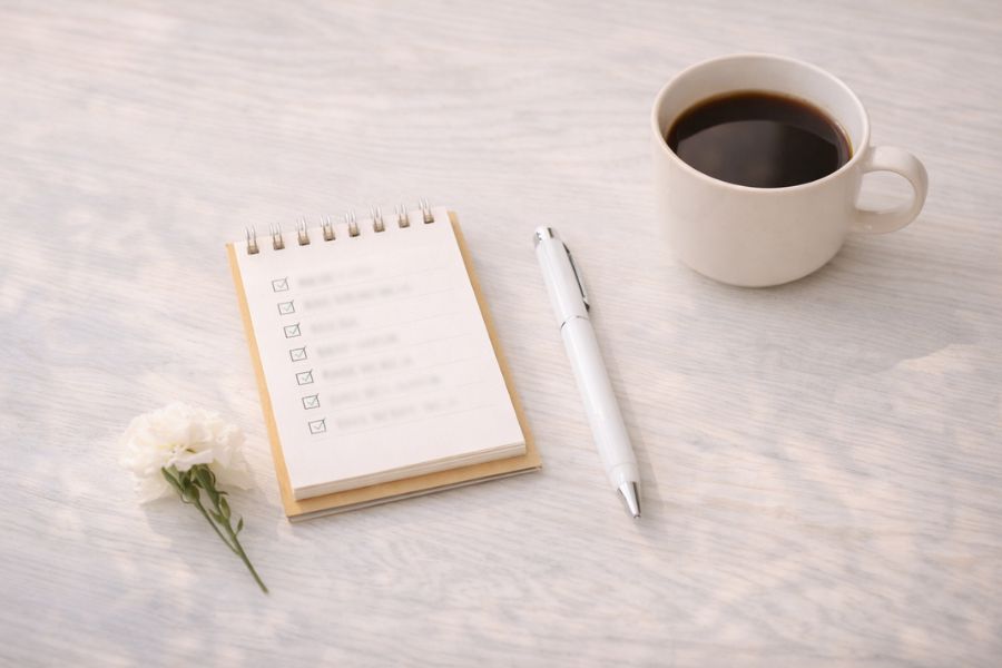 白いテーブルの上に置かれたメモ帳・白いペン・コーヒーカップと白い小花一輪のフラットレイ