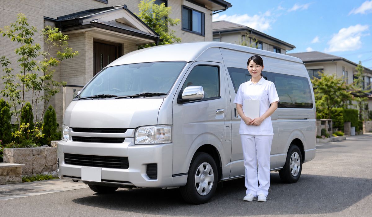 青空の住宅街に停車した清潔な白い小型バンの脇で穏やかに微笑む白いユニフォームの日本人女性スタッフの全身