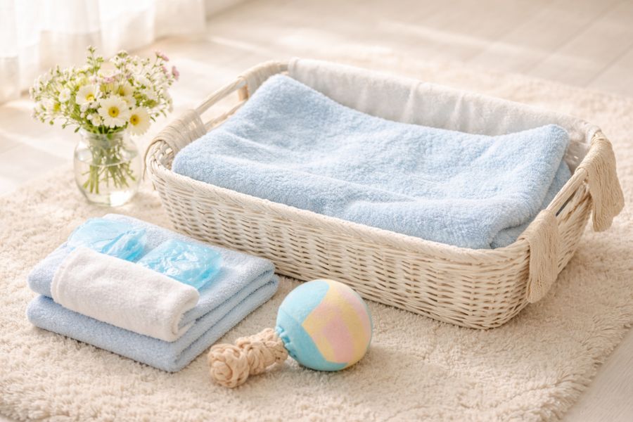 訪問ペット火葬の前に準備したタオルや保冷剤とお花