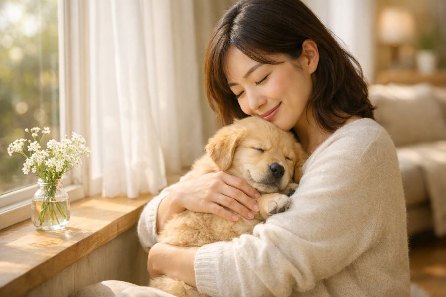 自宅で愛犬を抱く飼い主