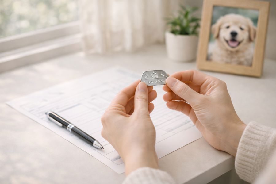 犬の死亡届に必要な鑑札と書類を準備する手元