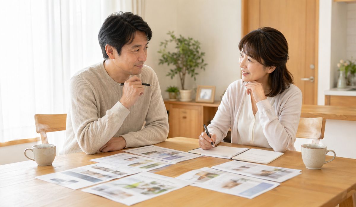 明るいダイニングテーブルでパンフレットを広げて相談する日本人夫婦