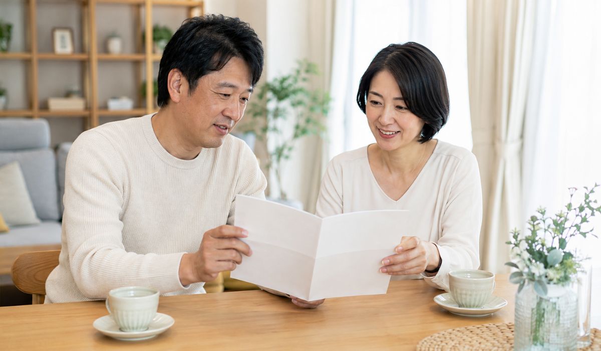 明るいダイニングテーブルでパンフレットを広げ、紅茶を前に穏やかに話し合う日本人の夫婦