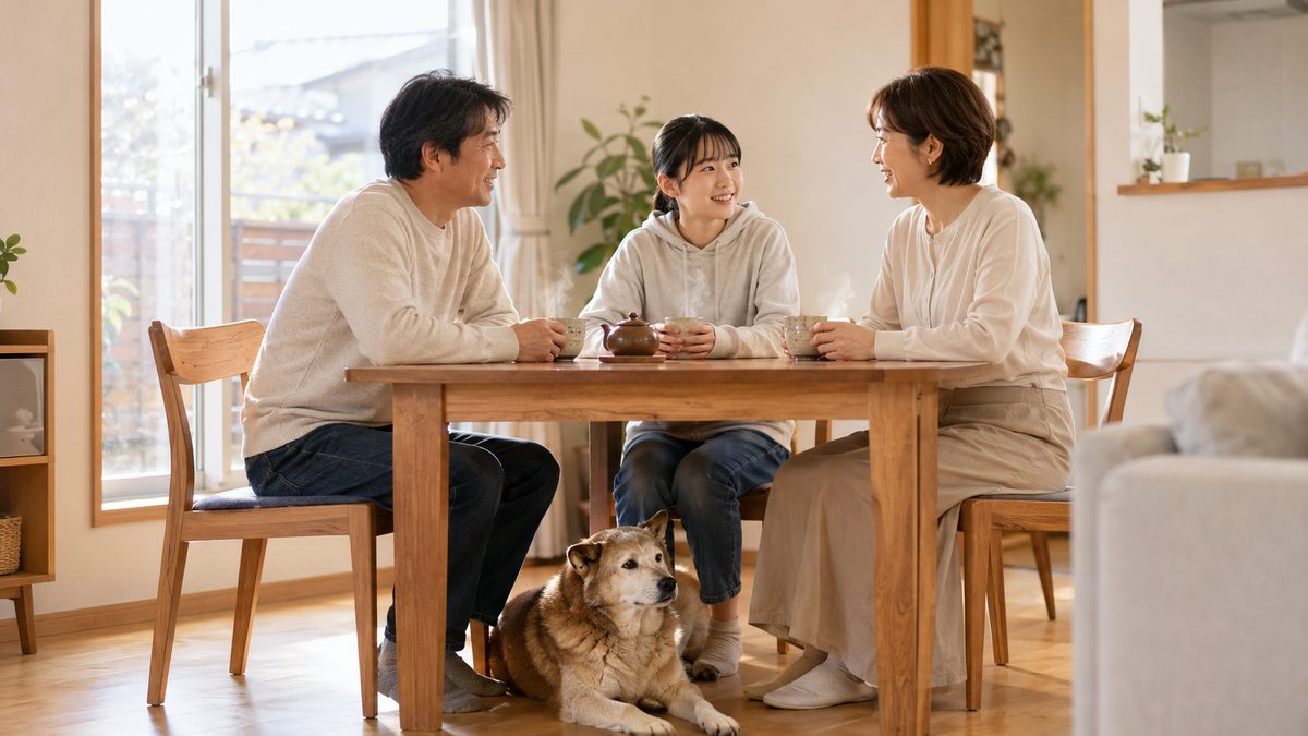ダイニングテーブルを囲んで話す三人の家族と、足元で伏せて休む老犬