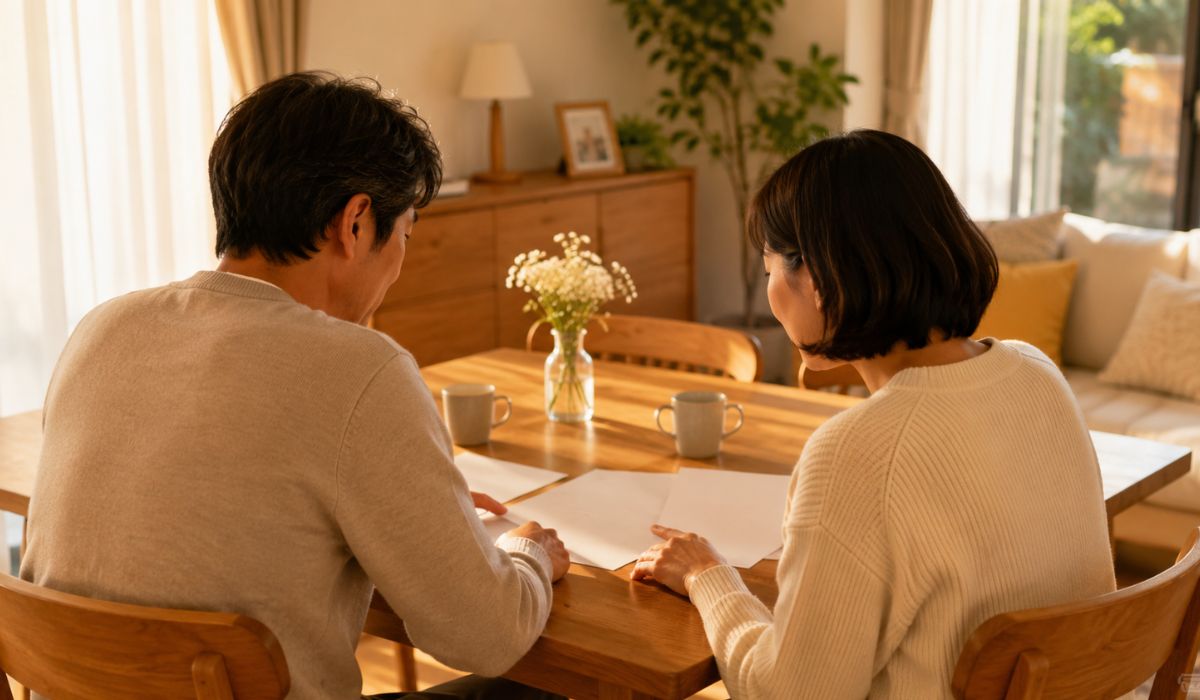 夕方の暖色光に包まれたダイニングテーブルでパンフレットを見ながら穏やかに話し合う日本人夫婦の後ろ姿