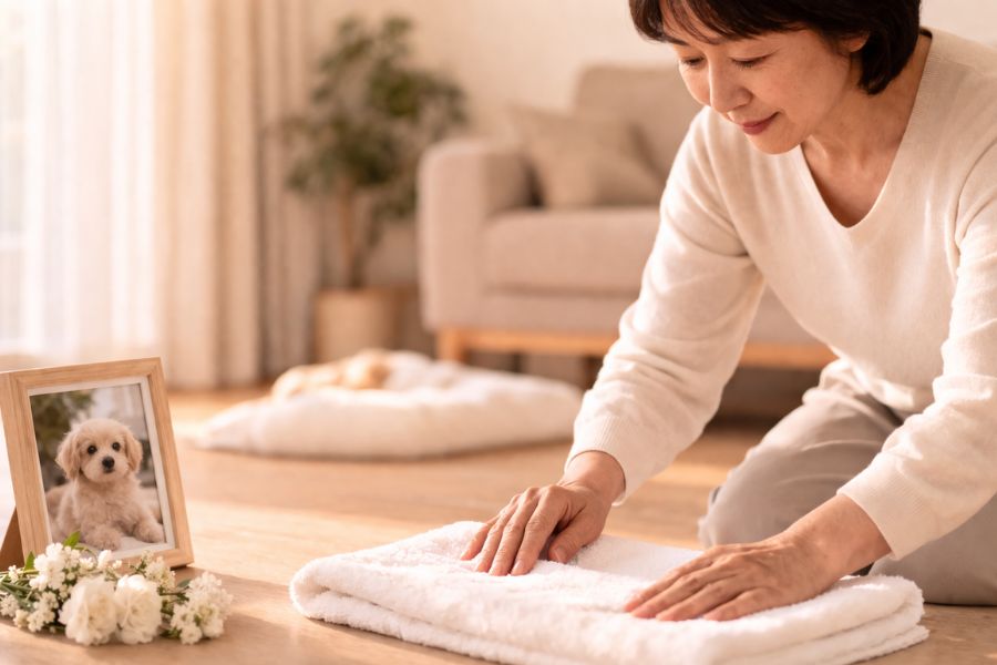 白い小花と小型犬の写真立てが傍らに置かれたリビングの床で白いタオルを丁寧に折りたたむ日本人女性の手元