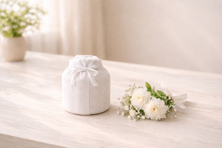 白い木目のテーブルに並んだ小さな白い骨壺カバーと白いカーネーションのフラットレイ