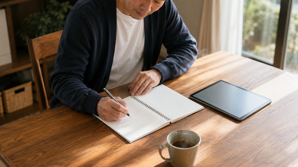 ダイニングテーブルでノートに書き込みながら調べ物をする男性