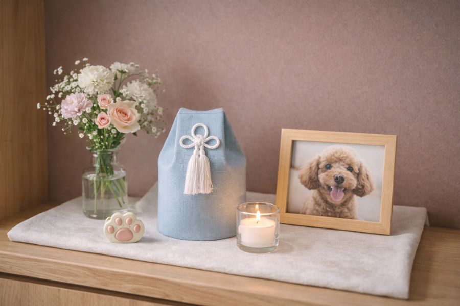 壁掛け棚に飾られたブルーの骨壺カバーと小花とキャンドルホルダーとトイプードルの写真立て