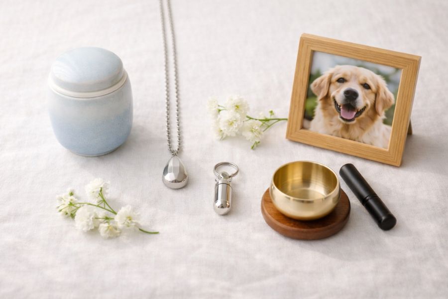 白い布の上にミニ骨壺と遺骨ペンダントとカプセルキーホルダーとおりんを並べた俯瞰構図