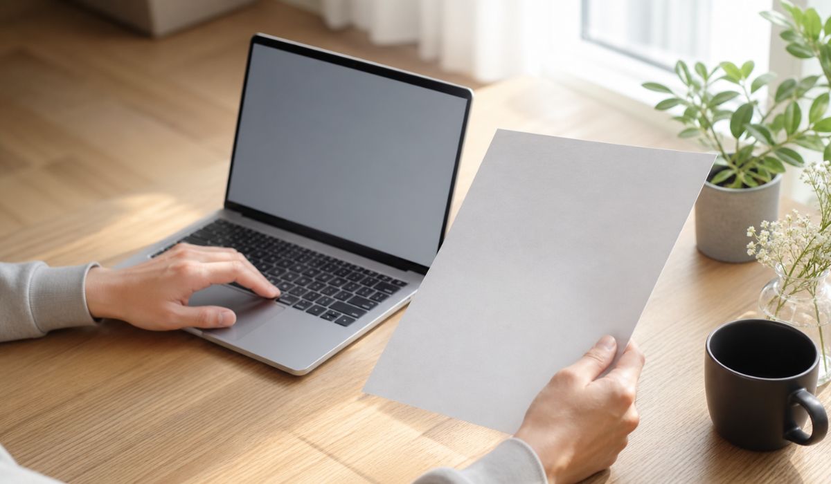 木目のデスクでノートパソコンのキーボードに片手を置きグレーの登録証明書を持つ日本人男性の手元