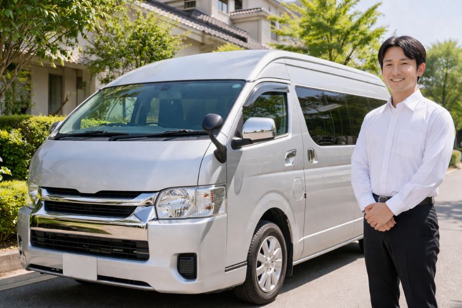 閑静な住宅街に停車した清潔感のある白い小型バンの前で穏やかな表情で立つ白いユニフォームの日本人男性スタッフ