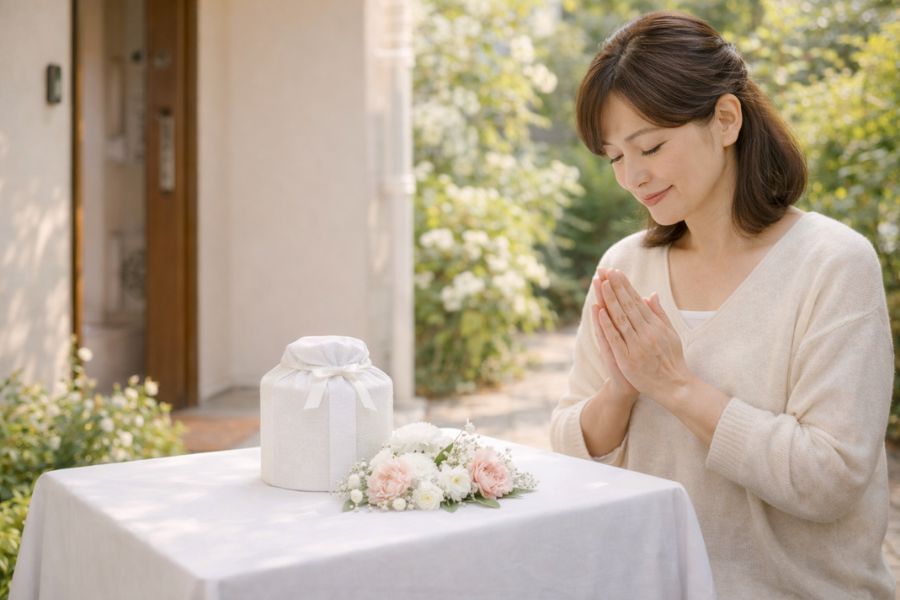 自宅の玄関先に設けられた白い布と白い花のお別れの場の前で、穏やかに手を合わせる日本人女性