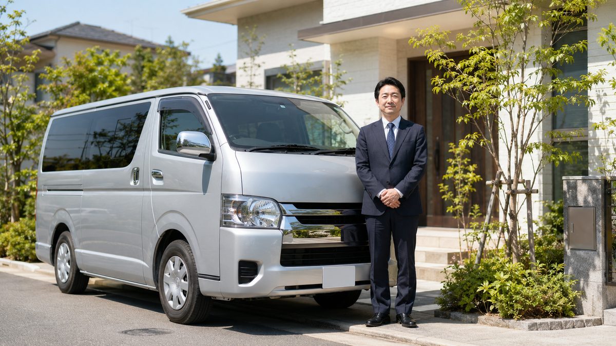 住宅の玄関前に停まったシルバーのワンボックスカーと、傍らに立つスーツ姿の男性スタッフ