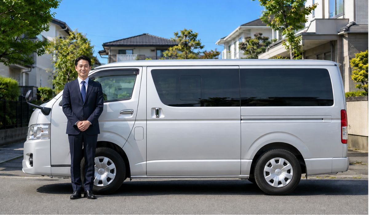 住宅街に停車した清潔な白い小型訪問火葬車の前に立つ白いユニフォーム姿の日本人女性スタッフ