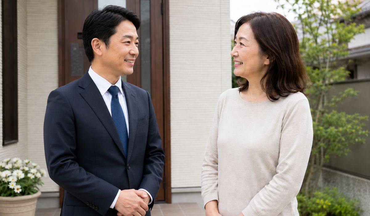 玄関先で白いユニフォームの日本人女性スタッフと女性飼い主が並んで穏やかに微笑みを交わすミディアムショット