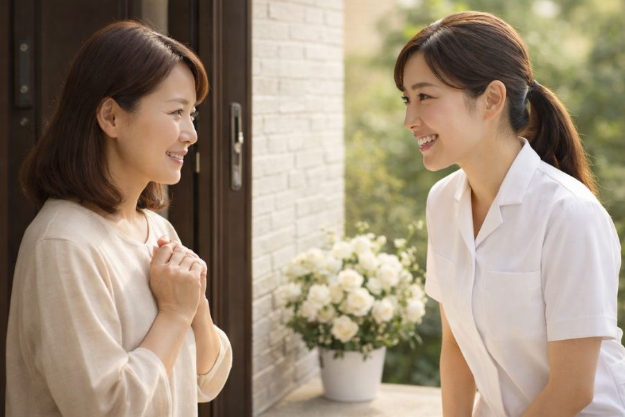 白い花のバケツが置かれた住宅の玄関先で白いユニフォームの日本人女性スタッフと飼い主の日本人女性が温かく微笑みながら言葉を交わす場面