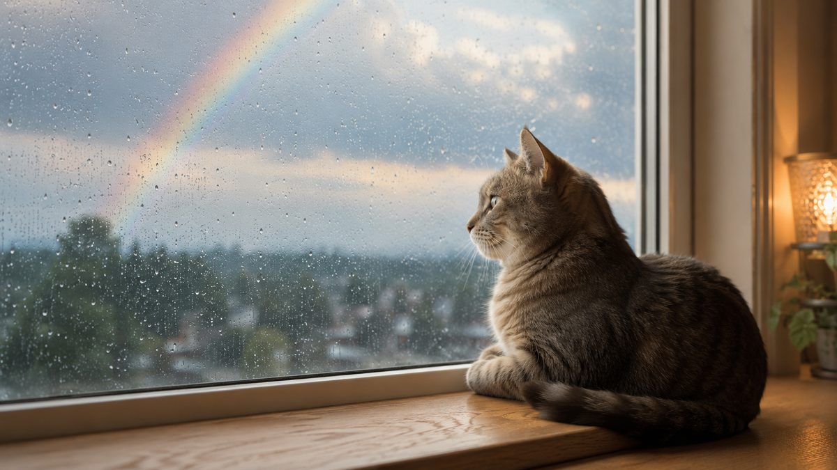 雨粒のついた窓の外に見える虹を静かに眺める猫と、室内の温かな灯り