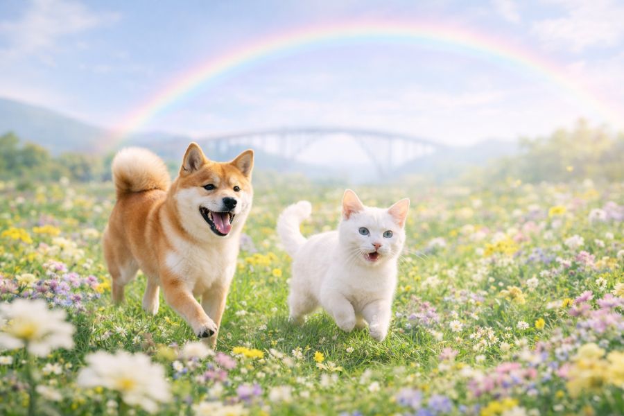 色とりどりの花が咲く緑の草原で柴犬と白猫が元気に走り回り遠景に虹と橋が霞む明るく希望にあふれた風景