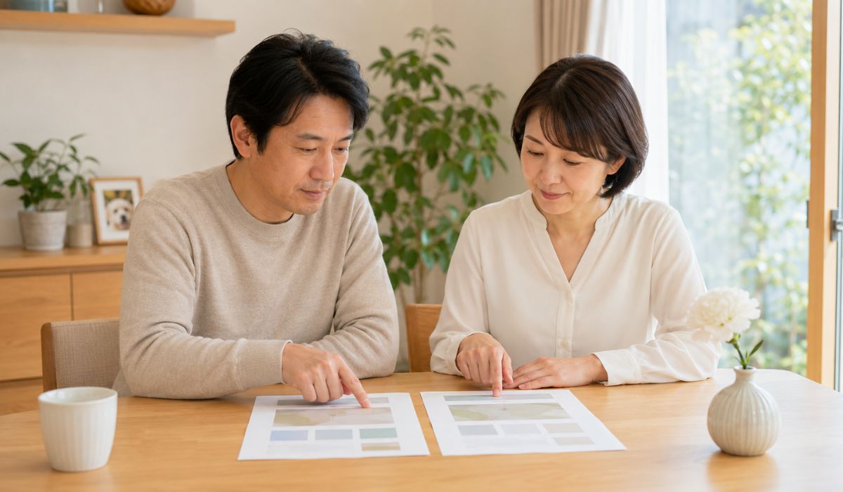 明るい自宅のダイニングテーブルでパンフレットを2枚並べて穏やかに相談している日本人夫婦40代