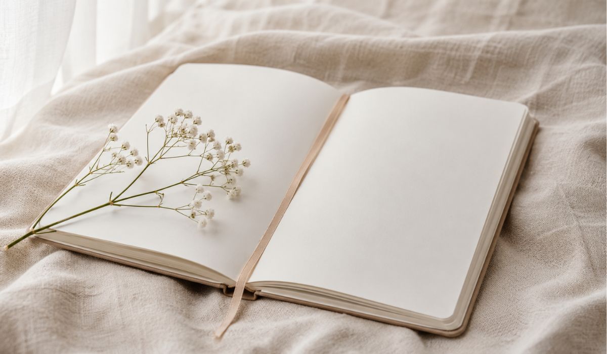 リネンの布の上で開かれた、リボンのしおりが挟まれた手引き書と、その上に置かれたかすみ草の小枝