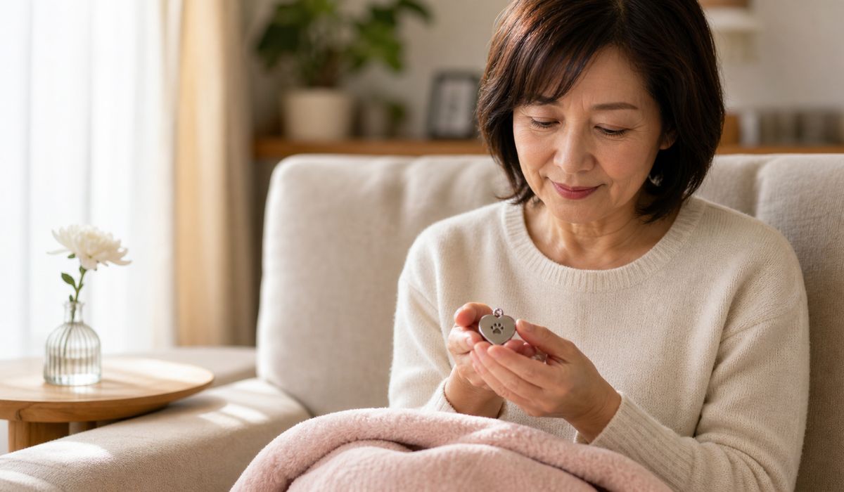 自宅のソファで両手に犬の鑑札を包み込み静かに見つめる50代の日本人女性