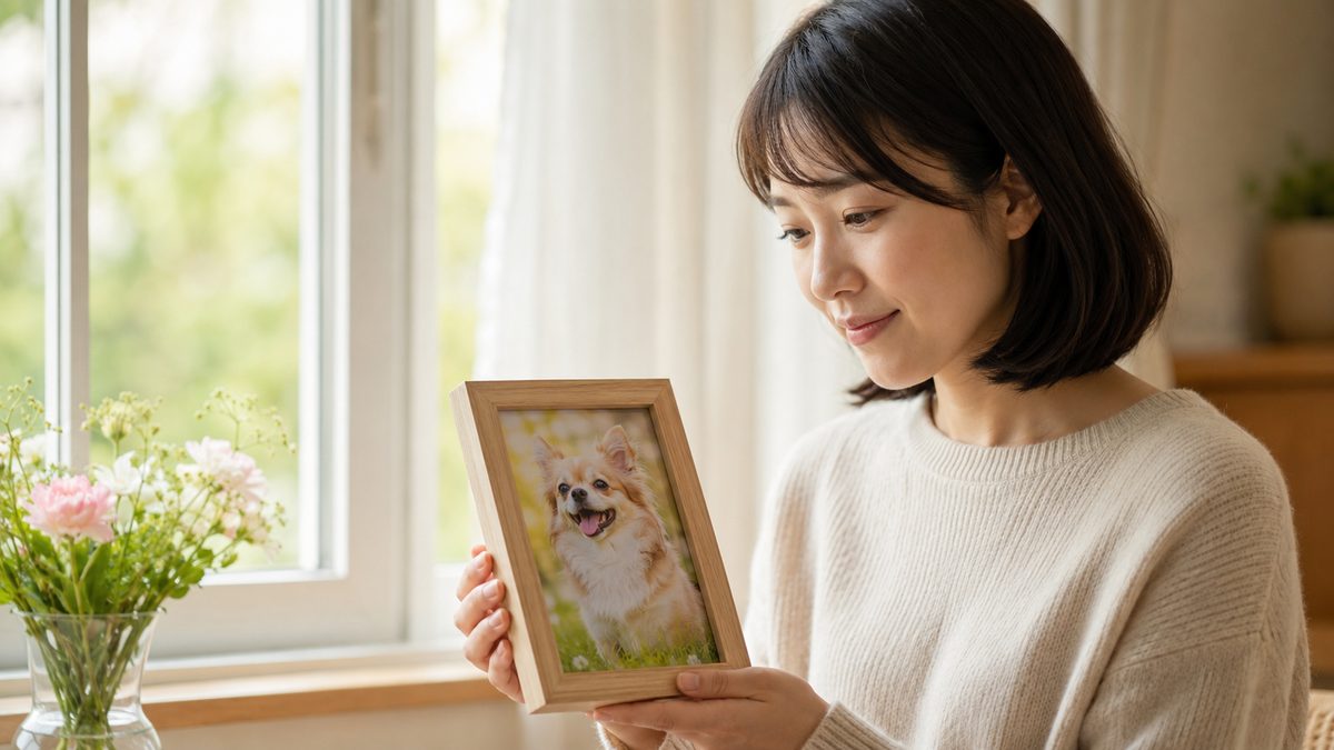 窓辺で犬の写真立てを手に持ち、穏やかにほほ笑む女性