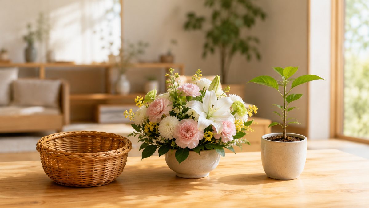 柳のバスケットと花、若い植物が並んだお見送りの選択肢のイメージ