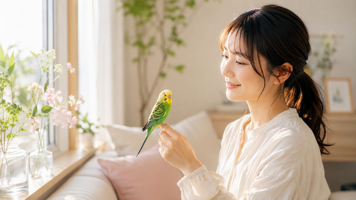 窓辺で指先にとまったセキセイインコを見つめてほほえむ女性