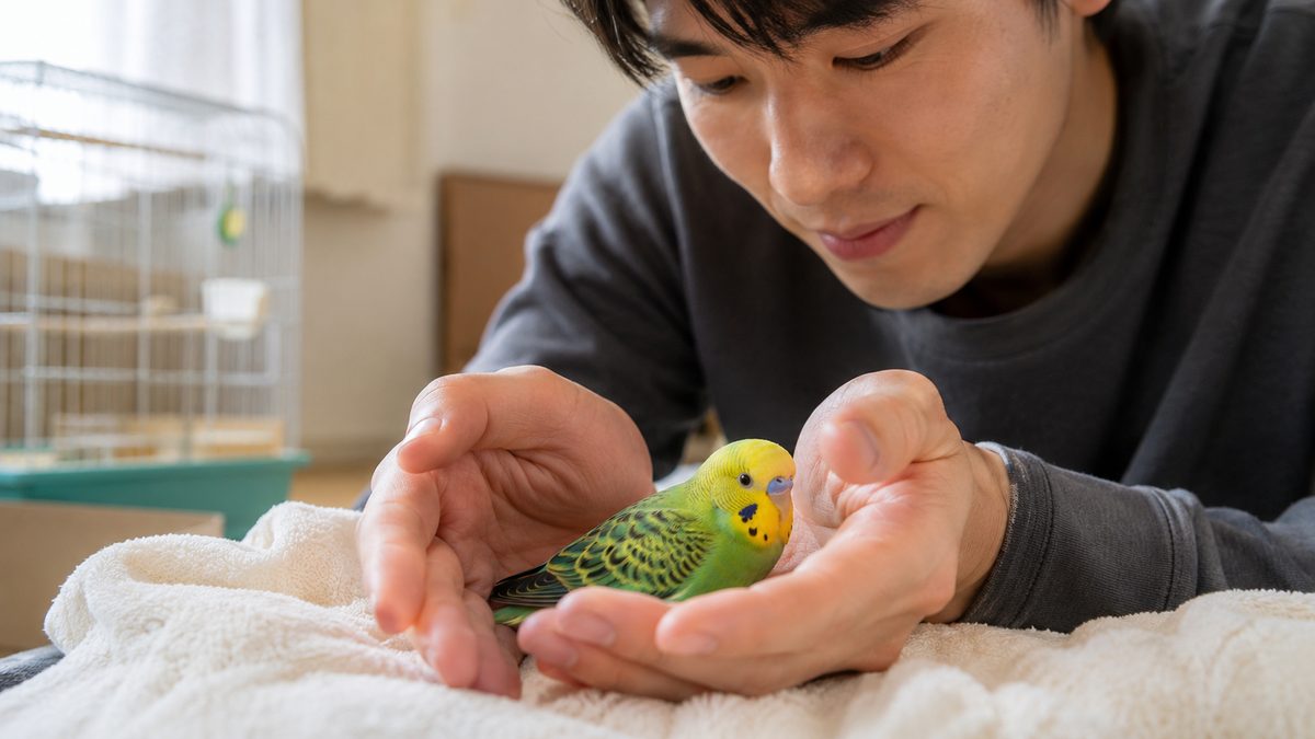 やわらかなタオルの上のセキセイインコを両手でそっと見守る男性の手元
