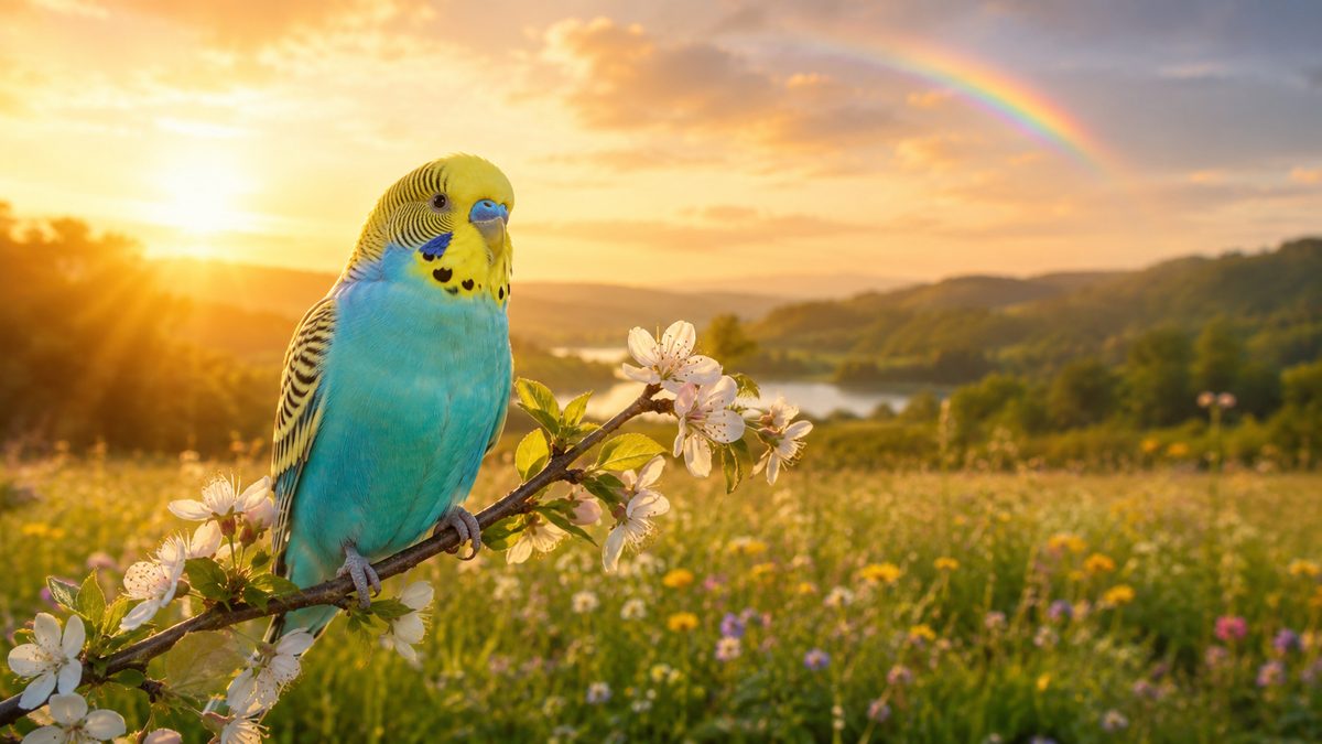 夕暮れの草原で花の咲いた枝にとまるセキセイインコ