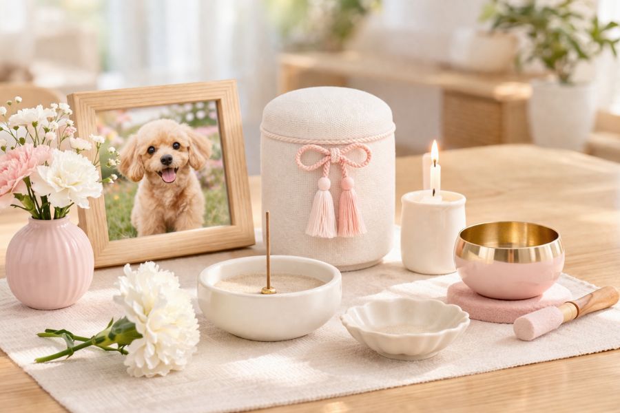 木目調テーブルにパステルピンクのおりんや白い香皿などペット用仏具セットを並べた様子