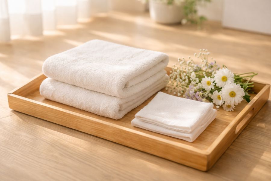 ペットのエンゼルケアのために丁寧に準備されたタオルとガーゼと白い花