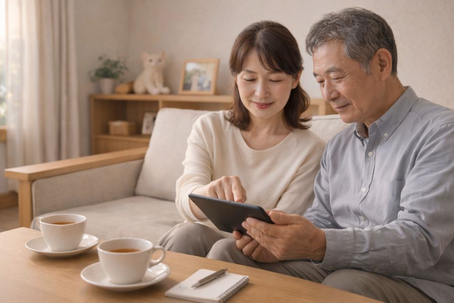 ペットの安置方法について家族で情報を確認している様子