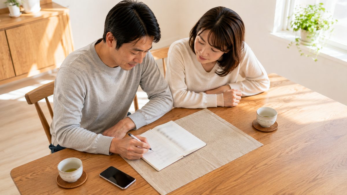 ダイニングでメモを取りながら相談する夫婦