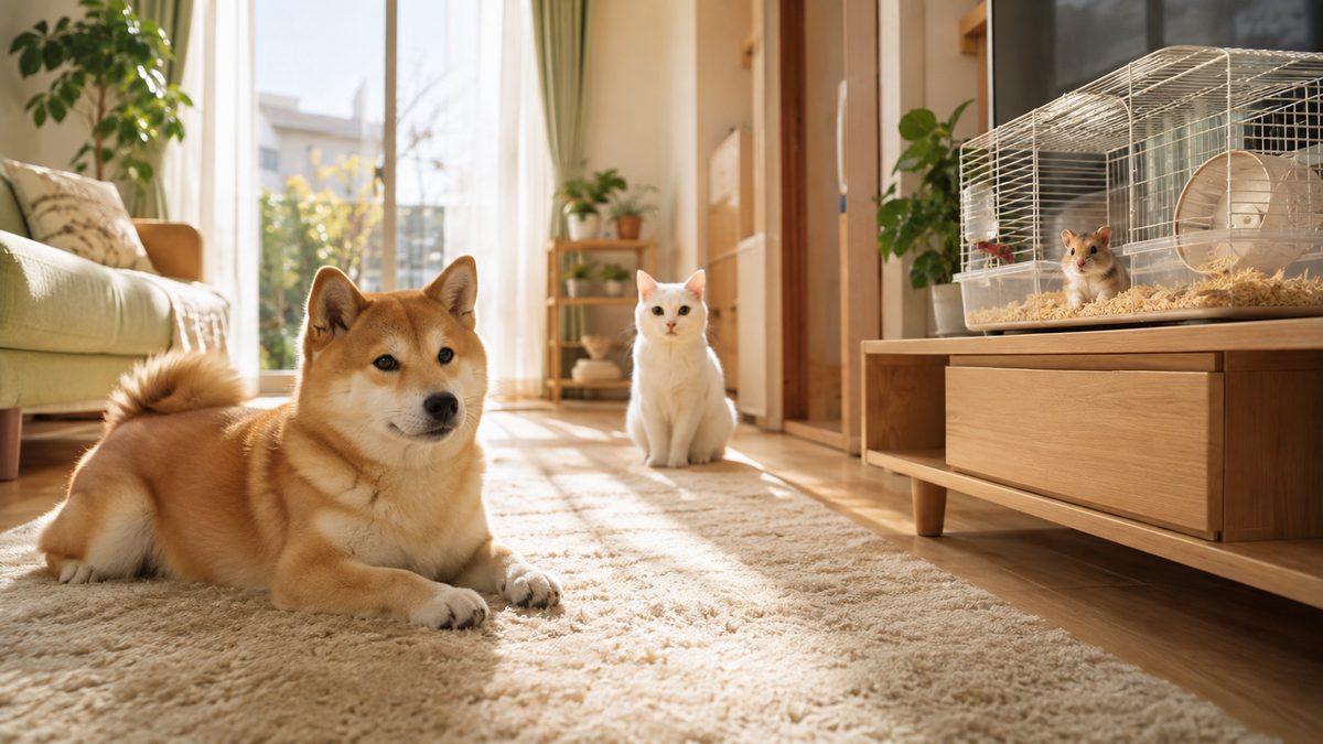 リビングでくつろぐ柴犬と白い猫、棚の上のハムスターのケージ