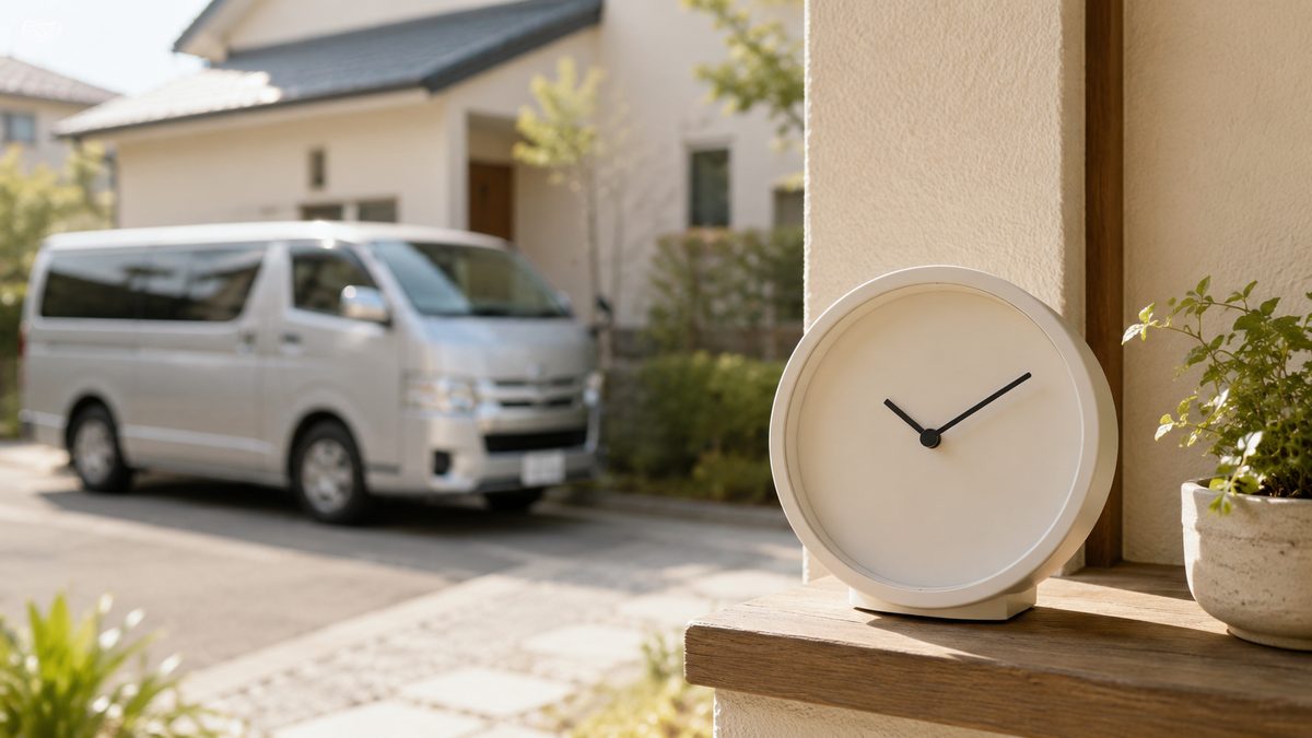 玄関先の置き時計とシルバーのハイエースワゴンが停まる住宅街の風景