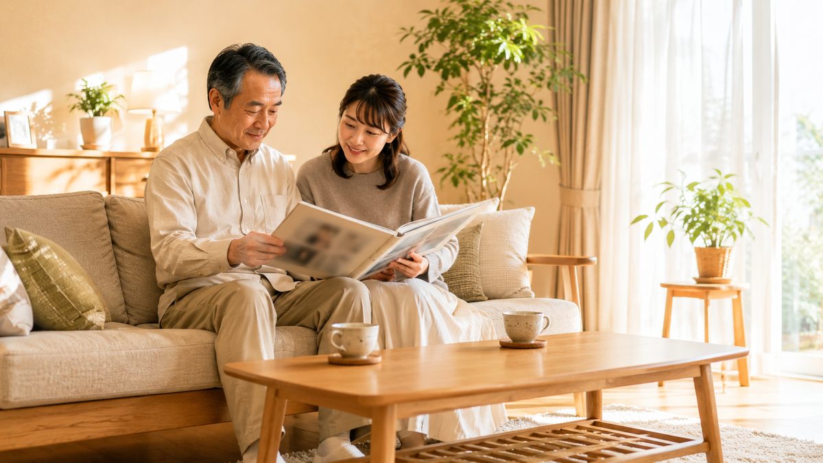 リビングのソファで一緒にアルバムを見ながら語り合う親子
