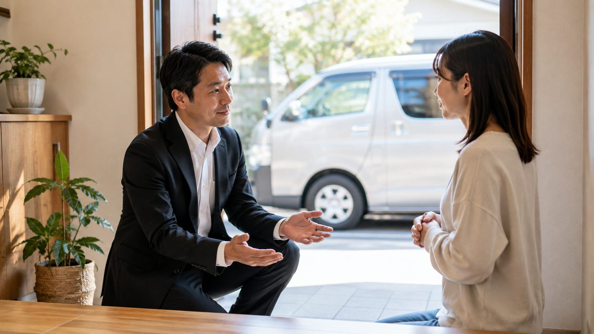 玄関先で女性の質問に丁寧に答えるスーツ姿の男性スタッフ