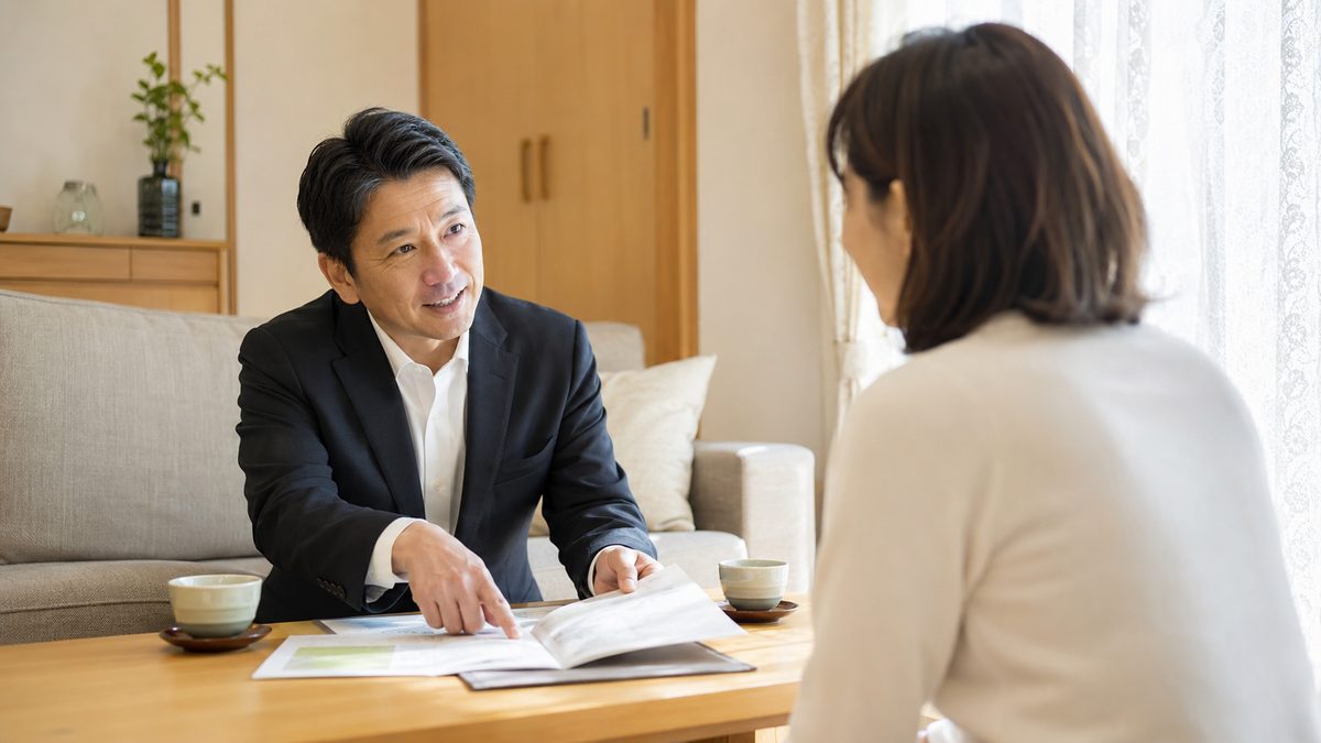 リビングで資料を示しながら説明するスーツ姿の男性スタッフと聞き入る女性