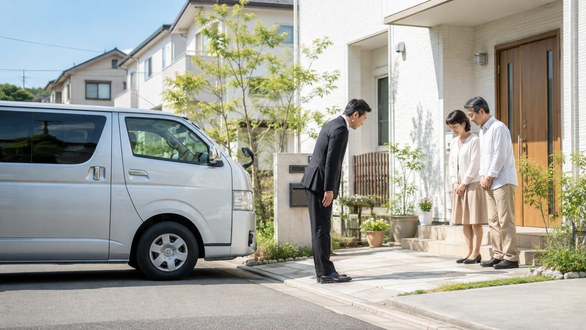 玄関先で夫婦に一礼するスーツ姿の男性スタッフとシルバーのハイエースワゴン