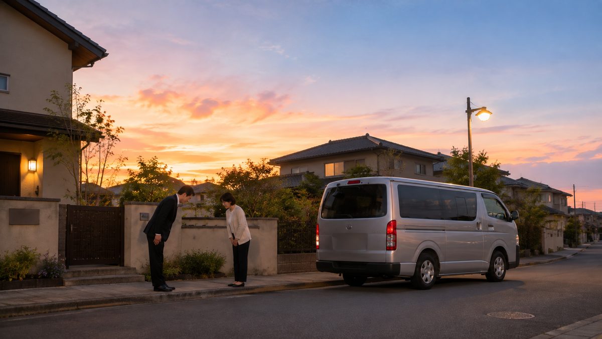 夕暮れの住宅街でシルバーのハイエースワゴンの前に立ち一礼するスタッフと見送る女性
