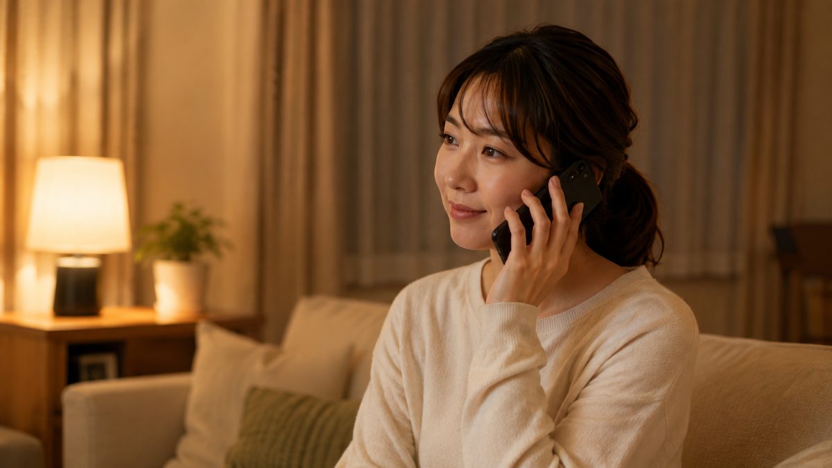 夜のリビングでスマートフォンを耳に当てて落ち着いて話す女性