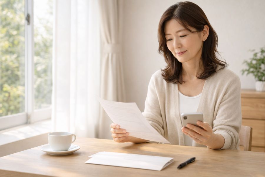 スマートフォンと書類でペット死亡後の手続きを進める日本人女性