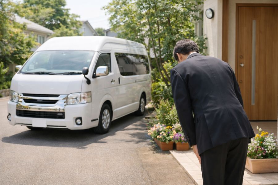 訪問型ペット火葬車と自宅前で丁寧に対応する葬儀スタッフ