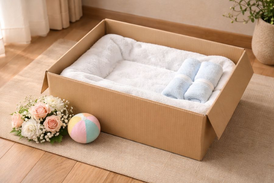 タオルと保冷剤で丁寧に整えられたペットの安置スペース