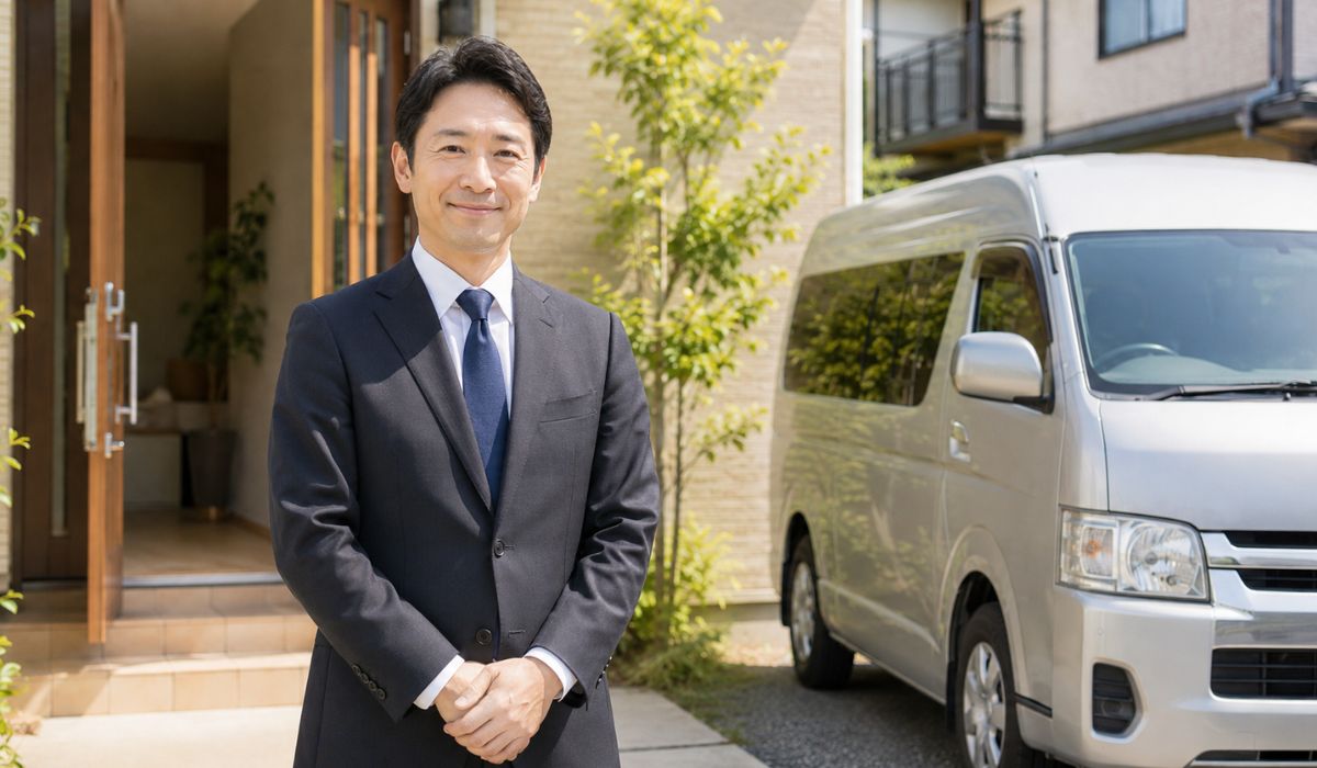 日本の住宅街の路上に停車した白い小型バンの傍らに白いユニフォームの男性スタッフが立っている朝の様子