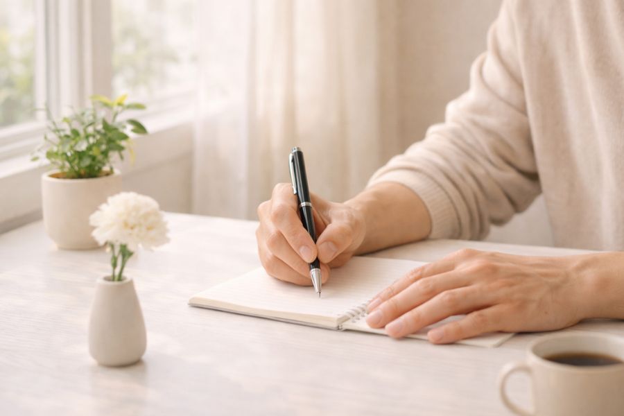 窓際の白いデスクでノートに書きとめる日本人男性の手元と、傍らに置かれた観葉植物と白い花一輪