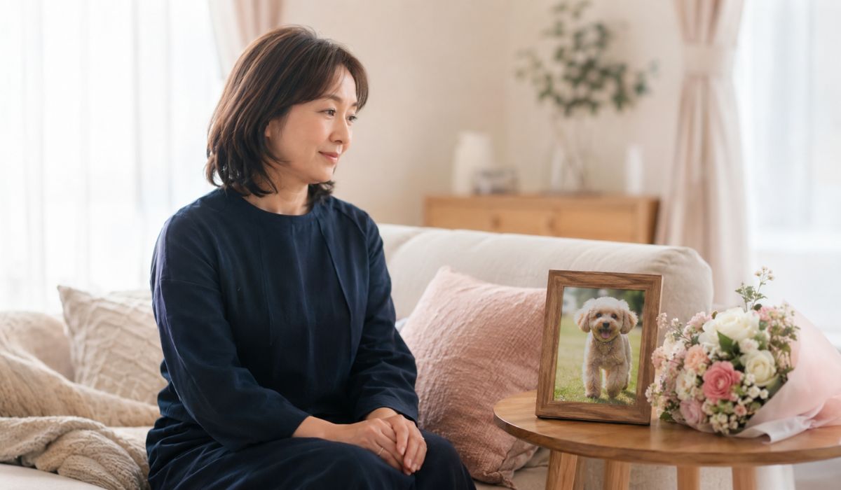 明るいリビングのソファに座る紺色の服の日本人女性と傍らに置かれた健康な小型犬の写真立てと白い花束